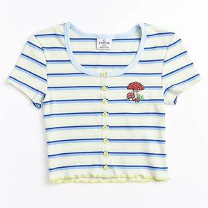 NWOT Empyre Paris Button Front Blue Stripe Crop Top - Size Medium
